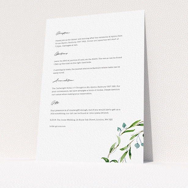 A wedding insert card called "Thin Watercolour Wreath". It is an A6 card in a portrait orientation. "Thin Watercolour Wreath" is available as a flat card, with tones of white and green.