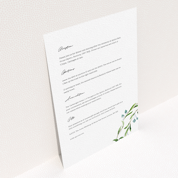 A wedding insert card called "Thin Watercolour Wreath". It is an A6 card in a portrait orientation. "Thin Watercolour Wreath" is available as a flat card, with tones of white and green.