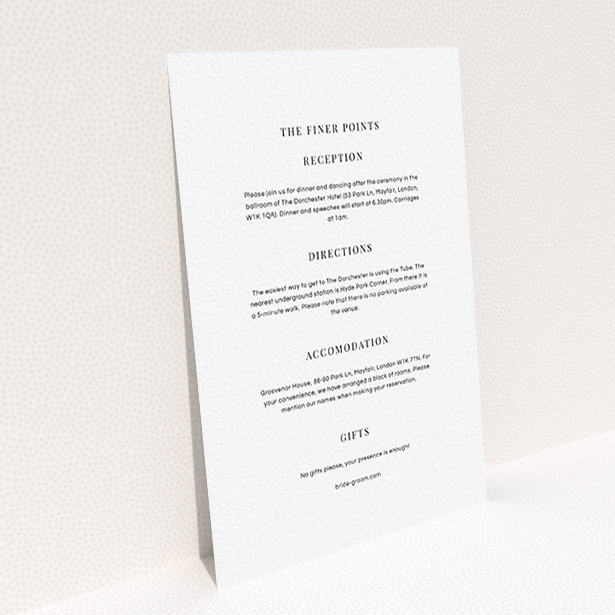 A wedding insert card design titled "To the right". It is an A6 card in a portrait orientation. "To the right" is available as a flat card, with mainly white colouring.