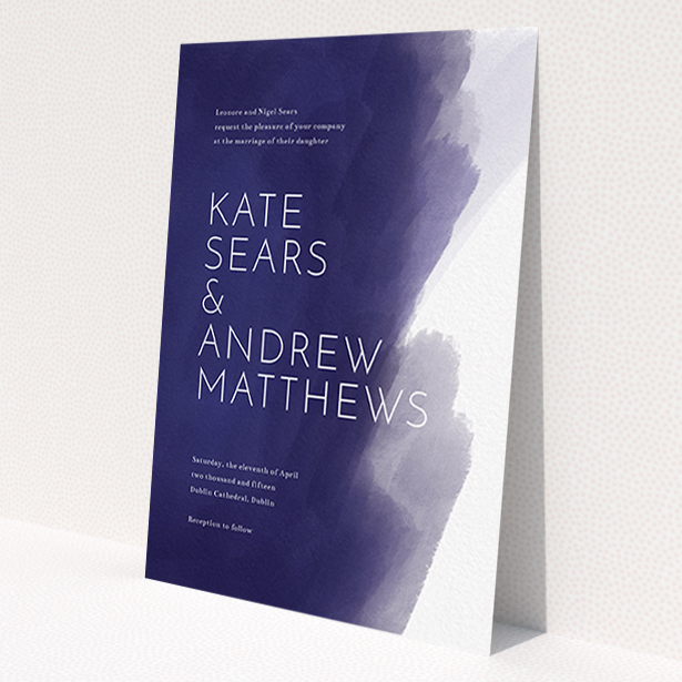 A wedding invite card design named 'Blue and Cream'. It is an A6 invite in a portrait orientation. 'Blue and Cream' is available as a flat invite, with tones of blue and white.