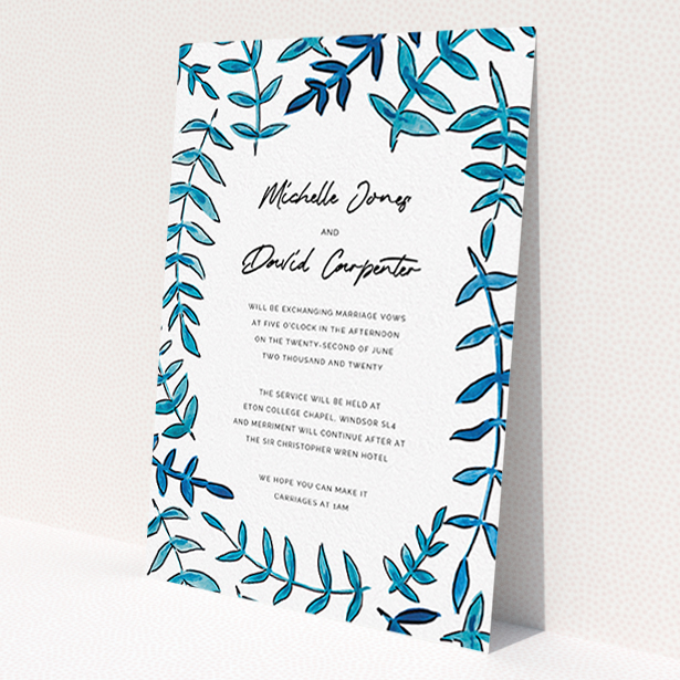 A wedding invite card design named 'Blue Branch Swirl'. It is an A6 invite in a portrait orientation. 'Blue Branch Swirl' is available as a flat invite, with tones of blue and white.
