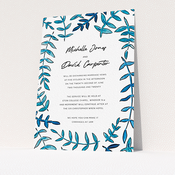 A wedding invite card design named "Blue Branch Swirl". It is an A6 invite in a portrait orientation. "Blue Branch Swirl" is available as a flat invite, with tones of blue and white.