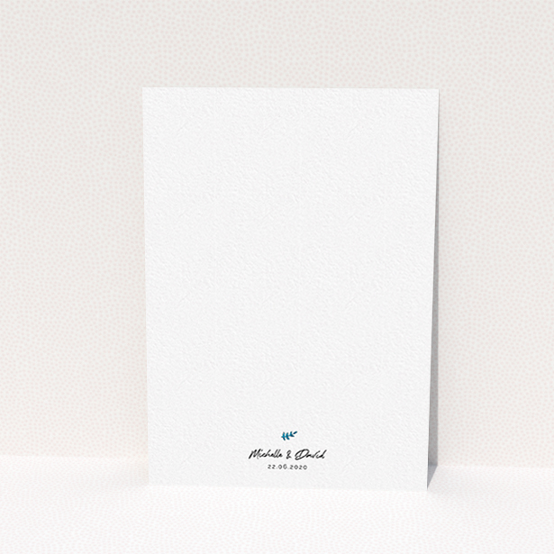 A wedding invite card design named "Blue Branch Swirl". It is an A6 invite in a portrait orientation. "Blue Branch Swirl" is available as a flat invite, with tones of blue and white.