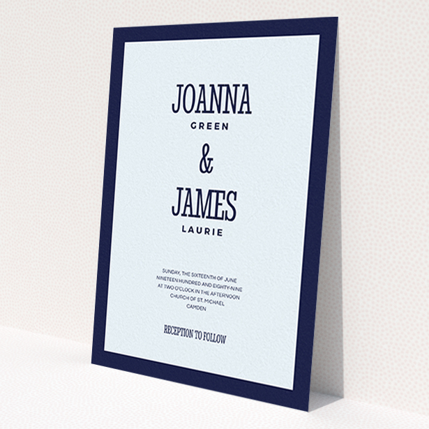 A wedding invite card design called 'Bold border'. It is an A6 invite in a portrait orientation. 'Bold border' is available as a flat invite, with mainly blue colouring.