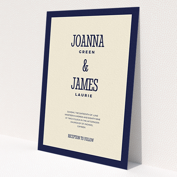 A wedding invite card template titled 'Bold border'. It is an A6 invite in a portrait orientation. 'Bold border' is available as a flat invite, with tones of cream and navy blue.