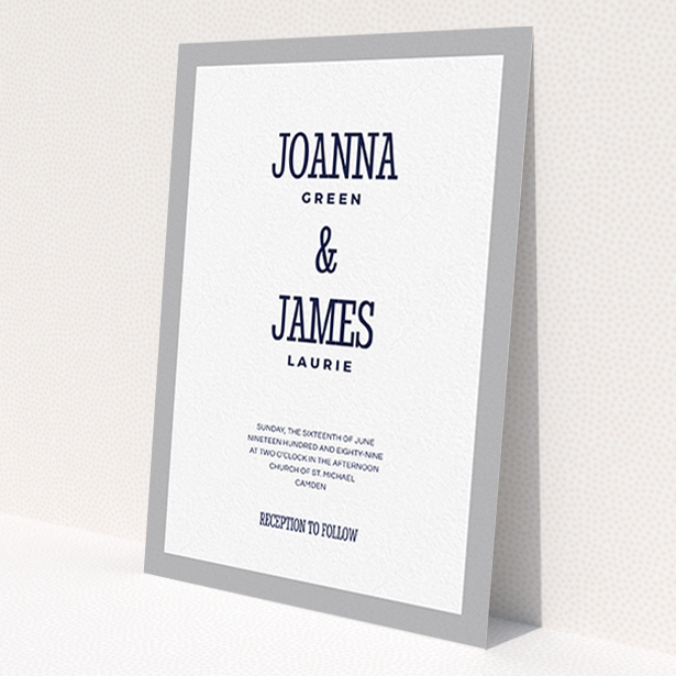A wedding invite card named 'Bold border'. It is an A6 invite in a portrait orientation. 'Bold border' is available as a flat invite, with tones of grey and white.