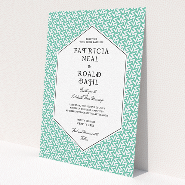 A wedding invite card design named 'Born in the 80s'. It is an A6 invite in a portrait orientation. 'Born in the 80s' is available as a flat invite, with tones of green and white.