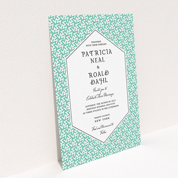 A wedding invite card design named "Born in the 80s". It is an A6 invite in a portrait orientation. "Born in the 80s" is available as a flat invite, with tones of green and white.