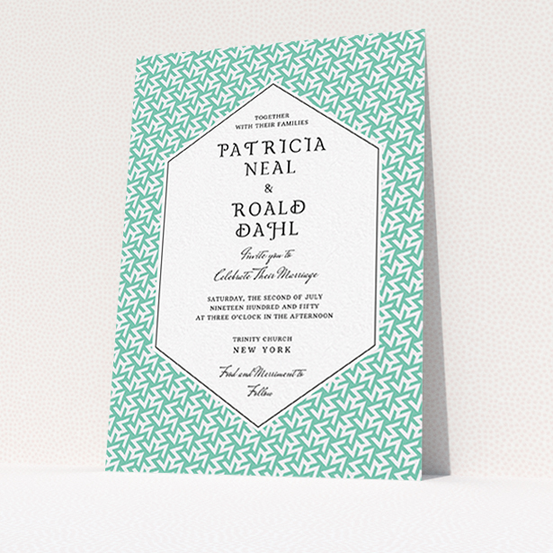 A wedding invite card design named "Born in the 80s". It is an A6 invite in a portrait orientation. "Born in the 80s" is available as a flat invite, with tones of green and white.