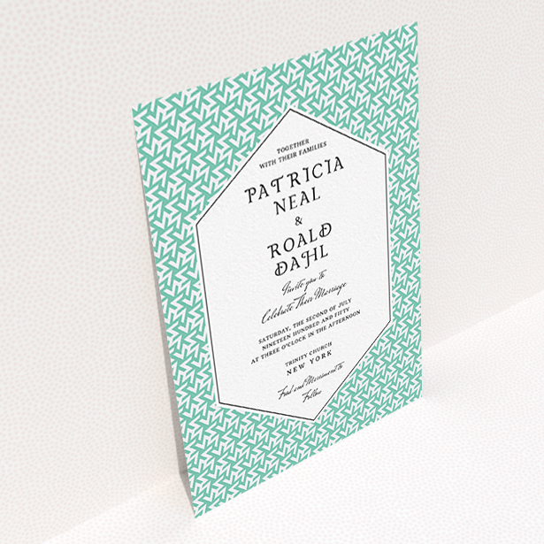 A wedding invite card design named "Born in the 80s". It is an A6 invite in a portrait orientation. "Born in the 80s" is available as a flat invite, with tones of green and white.