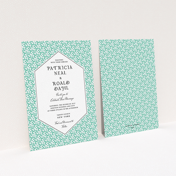 A wedding invite card design named "Born in the 80s". It is an A6 invite in a portrait orientation. "Born in the 80s" is available as a flat invite, with tones of green and white.