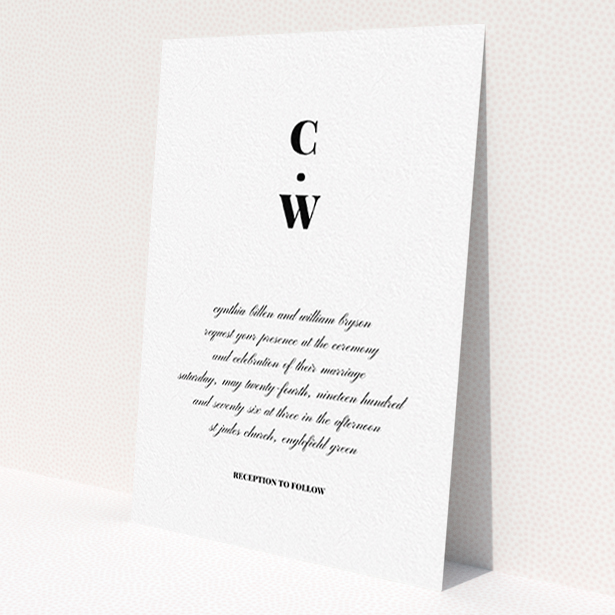 A wedding invite card template titled 'Bullet point'. It is an A6 invite in a portrait orientation. 'Bullet point' is available as a flat invite, with tones of black and white.