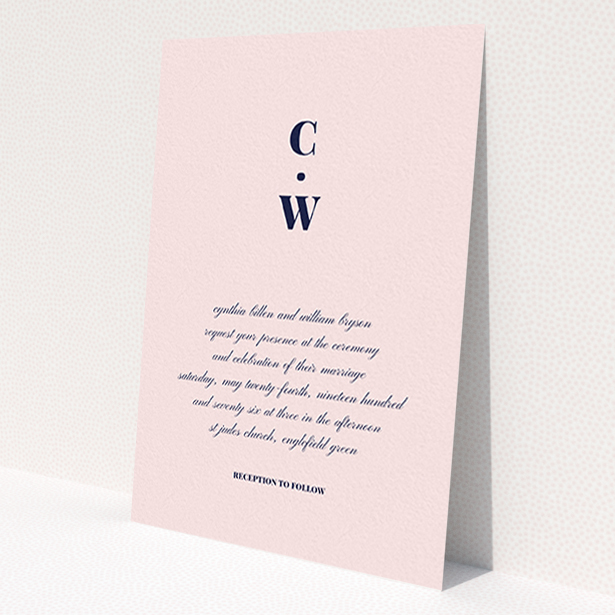 A wedding invite card design called "Bullet point". It is an A6 invite in a portrait orientation. "Bullet point" is available as a flat invite, with mainly pink colouring.