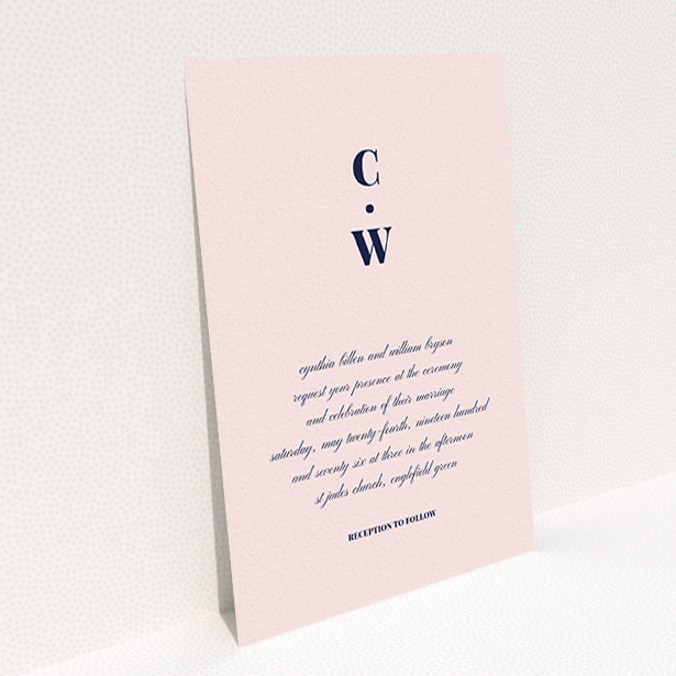 A wedding invite card design called "Bullet point". It is an A6 invite in a portrait orientation. "Bullet point" is available as a flat invite, with mainly pink colouring.