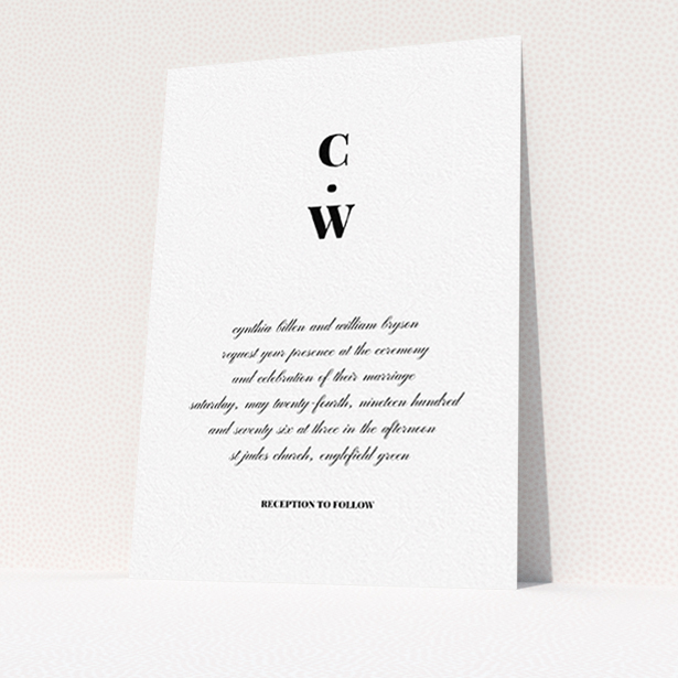 A wedding invite card template titled "Bullet point". It is an A6 invite in a portrait orientation. "Bullet point" is available as a flat invite, with tones of black and white.