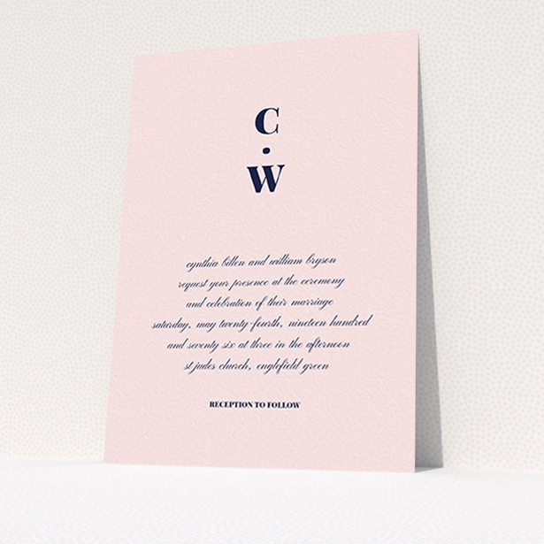 A wedding invite card design called "Bullet point". It is an A6 invite in a portrait orientation. "Bullet point" is available as a flat invite, with mainly pink colouring.