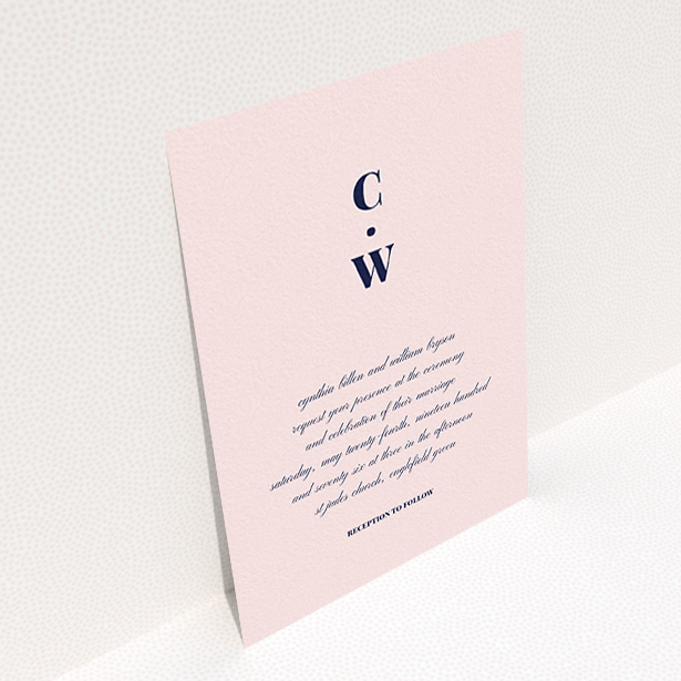 A wedding invite card design called "Bullet point". It is an A6 invite in a portrait orientation. "Bullet point" is available as a flat invite, with mainly pink colouring.