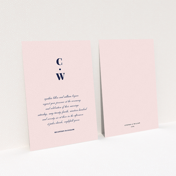 A wedding invite card design called "Bullet point". It is an A6 invite in a portrait orientation. "Bullet point" is available as a flat invite, with mainly pink colouring.