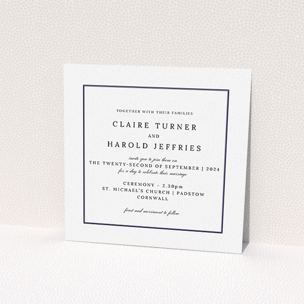 A wedding invite card named "Central Script". It is a square (148mm x 148mm) invite in a square orientation. It is a photographic wedding invite card with room for 1 photo. "Central Script" is available as a flat invite, with mainly white colouring.
