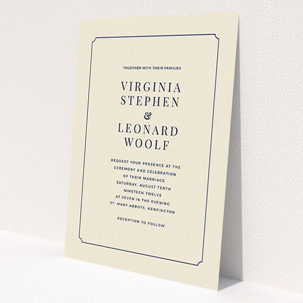 A wedding invite card template titled 'Classic face'. It is an A6 invite in a portrait orientation. 'Classic face' is available as a flat invite, with tones of cream and navy blue.