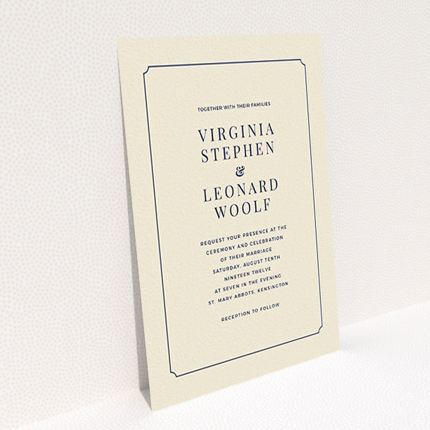 A wedding invite card template titled "Classic face". It is an A6 invite in a portrait orientation. "Classic face" is available as a flat invite, with tones of cream and navy blue.