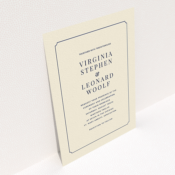 A wedding invite card template titled "Classic face". It is an A6 invite in a portrait orientation. "Classic face" is available as a flat invite, with tones of cream and navy blue.