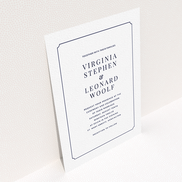 A wedding invite card named "Classic face". It is an A6 invite in a portrait orientation. "Classic face" is available as a flat invite, with mainly white colouring.