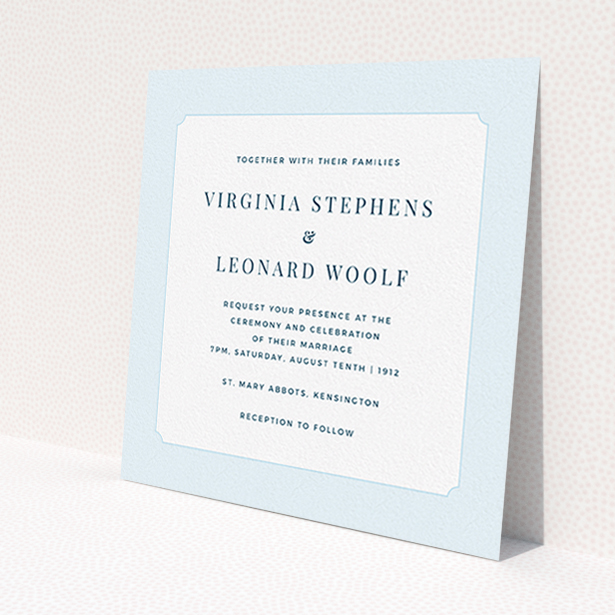 A wedding invite card design titled 'Classic face'. It is a square (148mm x 148mm) invite in a square orientation. 'Classic face' is available as a flat invite, with tones of blue and white.