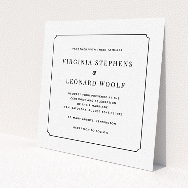 A wedding invite card design named 'Classic face'. It is a square (148mm x 148mm) invite in a square orientation. 'Classic face' is available as a flat invite, with mainly white colouring.