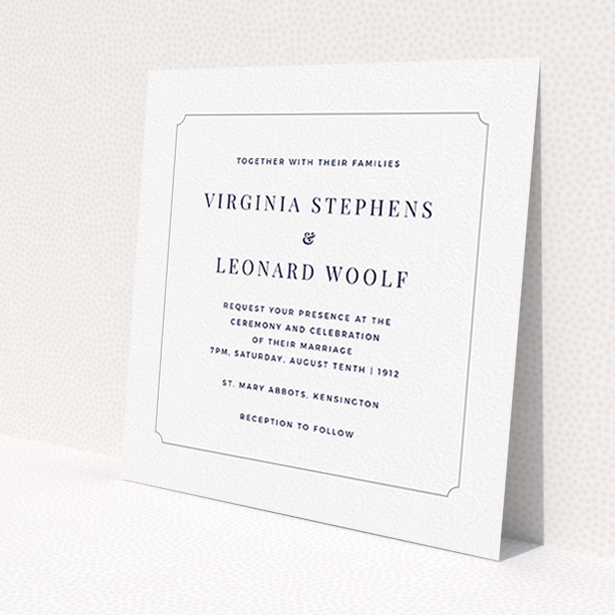 A wedding invite card called 'Classic face'. It is a square (148mm x 148mm) invite in a square orientation. 'Classic face' is available as a flat invite, with tones of white and grey.