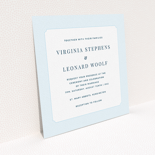 A wedding invite card design titled "Classic face". It is a square (148mm x 148mm) invite in a square orientation. "Classic face" is available as a flat invite, with tones of blue and white.