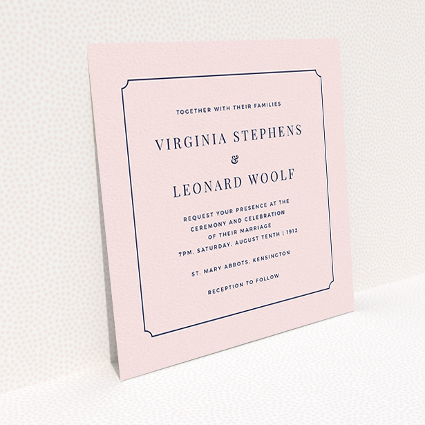 A wedding invite card design titled "Classic face". It is a square (148mm x 148mm) invite in a square orientation. "Classic face" is available as a flat invite, with mainly pink colouring.