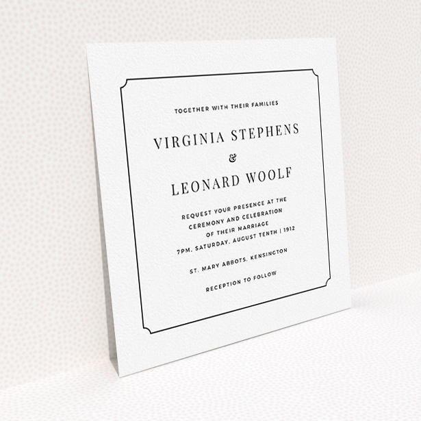 A wedding invite card design named "Classic face". It is a square (148mm x 148mm) invite in a square orientation. "Classic face" is available as a flat invite, with mainly white colouring.
