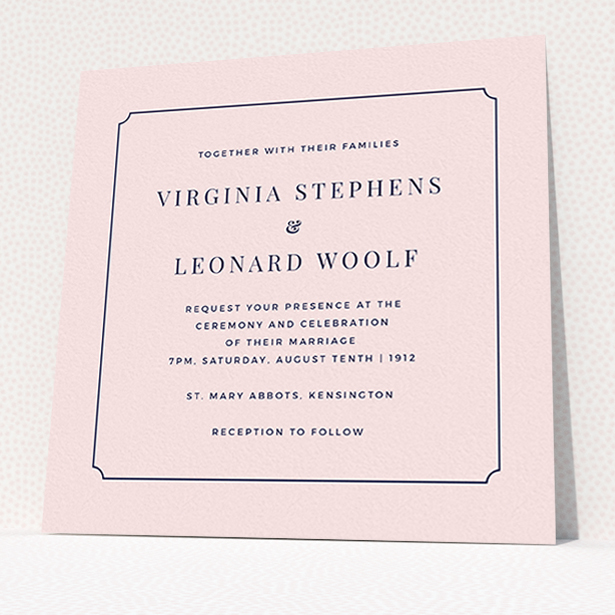A wedding invite card design titled "Classic face". It is a square (148mm x 148mm) invite in a square orientation. "Classic face" is available as a flat invite, with mainly pink colouring.