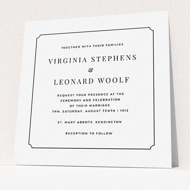 A wedding invite card design named "Classic face". It is a square (148mm x 148mm) invite in a square orientation. "Classic face" is available as a flat invite, with mainly white colouring.
