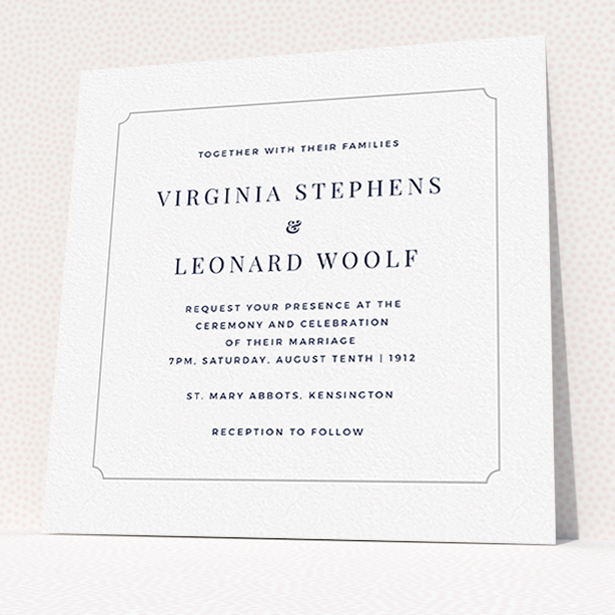 A wedding invite card called "Classic face". It is a square (148mm x 148mm) invite in a square orientation. "Classic face" is available as a flat invite, with tones of white and grey.