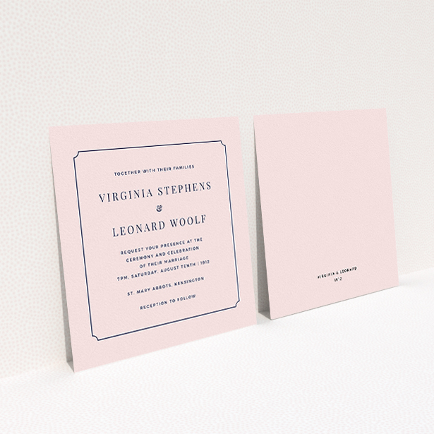 A wedding invite card design titled "Classic face". It is a square (148mm x 148mm) invite in a square orientation. "Classic face" is available as a flat invite, with mainly pink colouring.