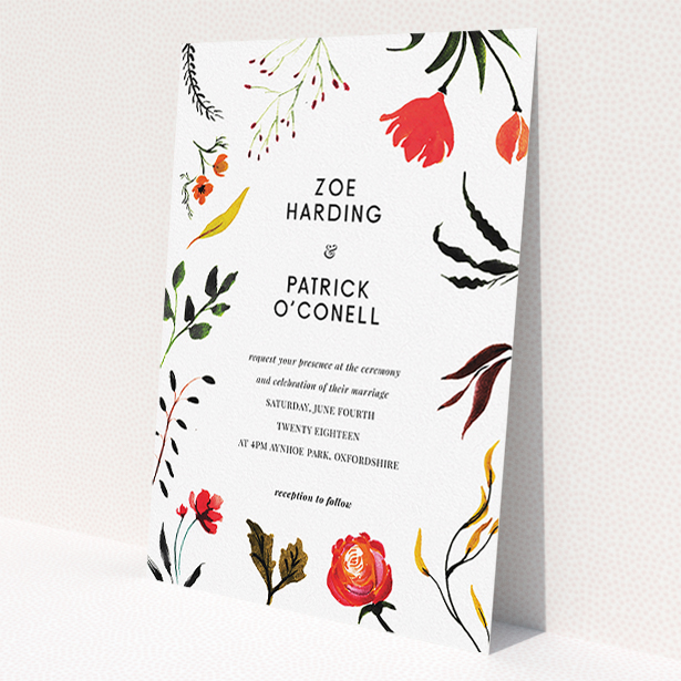 A wedding invite card template titled "Elemental Flowers". It is an A5 invite in a portrait orientation. "Elemental Flowers" is available as a flat invite, with tones of white, green and red.