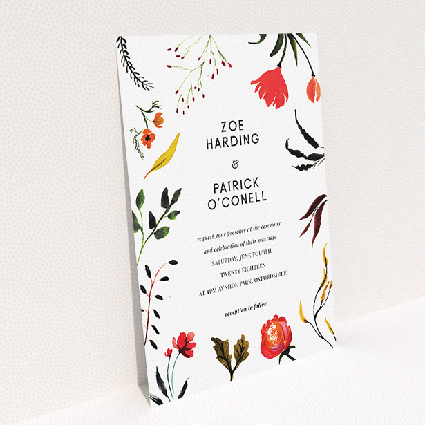 A wedding invite card template titled "Elemental Flowers". It is an A5 invite in a portrait orientation. "Elemental Flowers" is available as a flat invite, with tones of white, green and red.