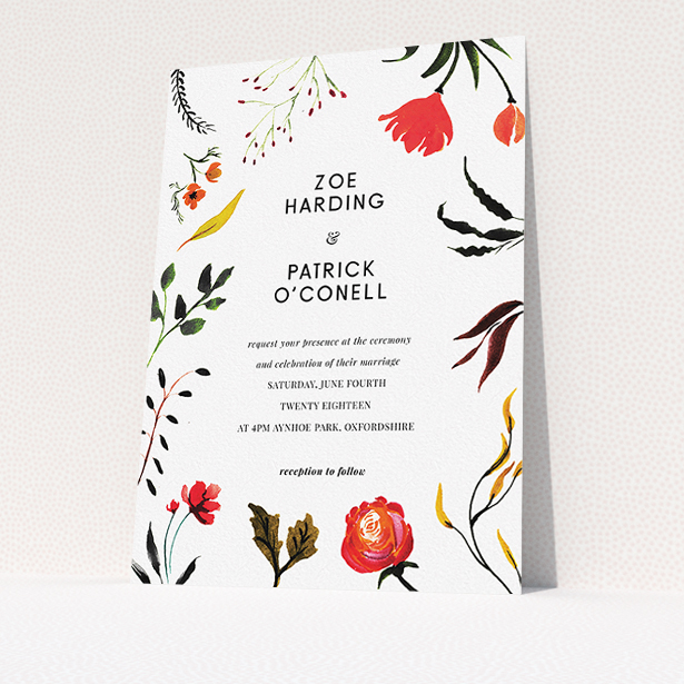 A wedding invite card template titled "Elemental Flowers". It is an A5 invite in a portrait orientation. "Elemental Flowers" is available as a flat invite, with tones of white, green and red.