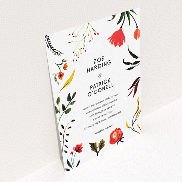 A wedding invite card template titled "Elemental Flowers". It is an A5 invite in a portrait orientation. "Elemental Flowers" is available as a flat invite, with tones of white, green and red.