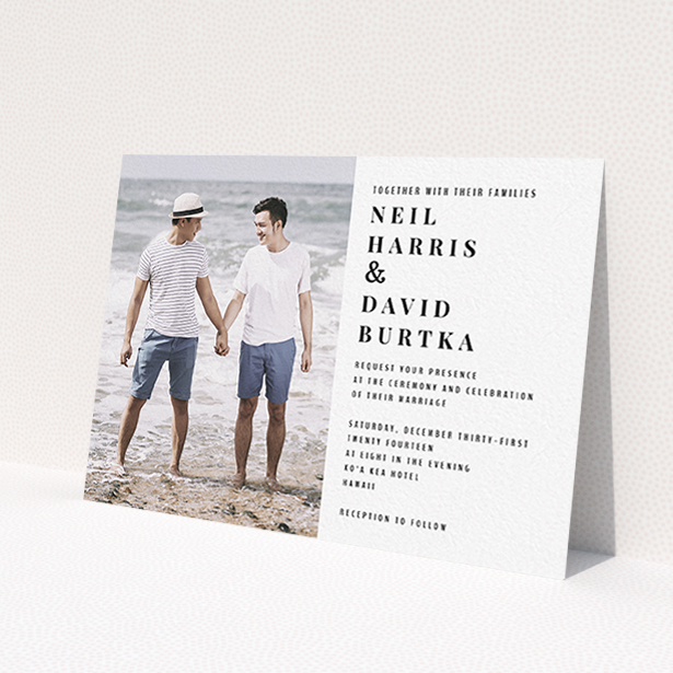 A wedding invite card design titled "Half full". It is an A6 invite in a landscape orientation. It is a photographic wedding invite card with room for 1 photo. "Half full" is available as a flat invite, with mainly white colouring.