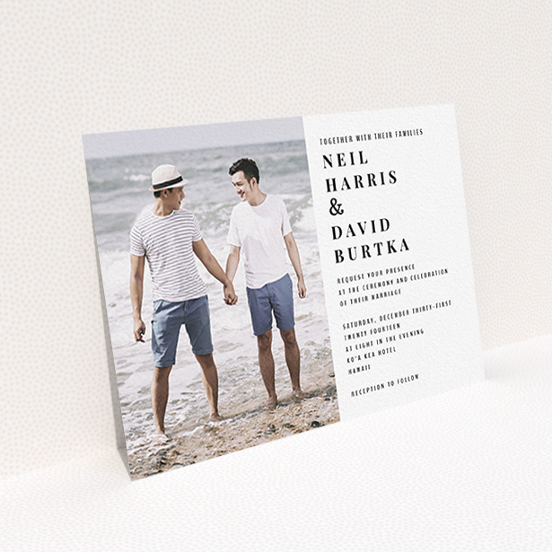A wedding invite card design titled "Half full". It is an A6 invite in a landscape orientation. It is a photographic wedding invite card with room for 1 photo. "Half full" is available as a flat invite, with mainly white colouring.