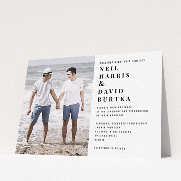 A wedding invite card design titled "Half full". It is an A6 invite in a landscape orientation. It is a photographic wedding invite card with room for 1 photo. "Half full" is available as a flat invite, with mainly white colouring.