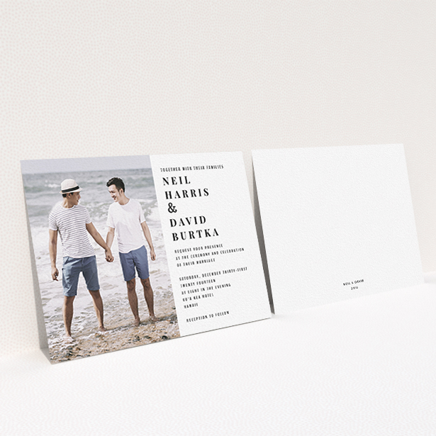 A wedding invite card design titled "Half full". It is an A6 invite in a landscape orientation. It is a photographic wedding invite card with room for 1 photo. "Half full" is available as a flat invite, with mainly white colouring.