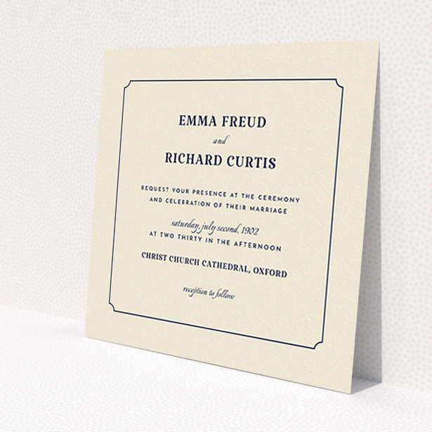 A wedding invite card design called "Harrison notch". It is a square (148mm x 148mm) invite in a square orientation. "Harrison notch" is available as a flat invite, with tones of cream and navy blue.