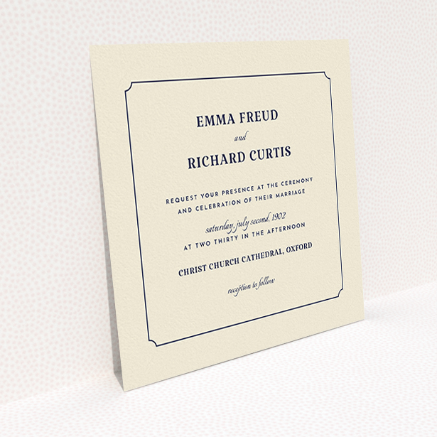 A wedding invite card design called "Harrison notch". It is a square (148mm x 148mm) invite in a square orientation. "Harrison notch" is available as a flat invite, with tones of cream and navy blue.