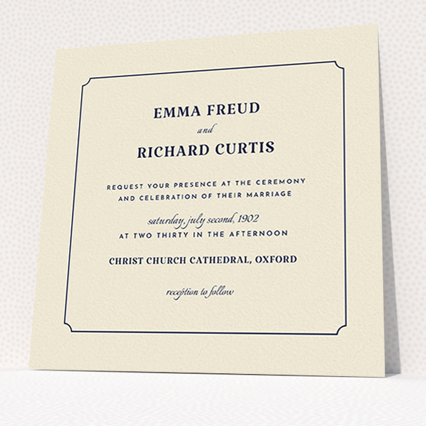 A wedding invite card design called "Harrison notch". It is a square (148mm x 148mm) invite in a square orientation. "Harrison notch" is available as a flat invite, with tones of cream and navy blue.