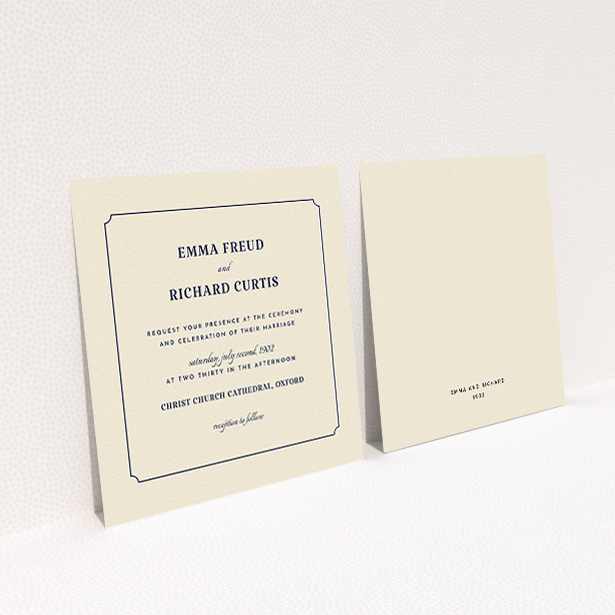A wedding invite card design called "Harrison notch". It is a square (148mm x 148mm) invite in a square orientation. "Harrison notch" is available as a flat invite, with tones of cream and navy blue.