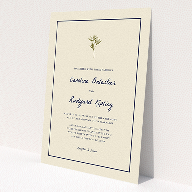 A wedding invite card called 'My little daisy'. It is an A6 invite in a portrait orientation. 'My little daisy' is available as a flat invite, with tones of cream and gold.
